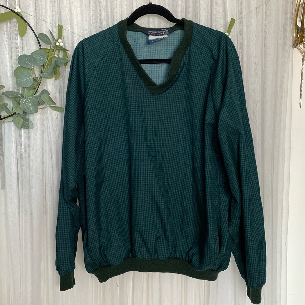 Vtg Sunderland of Scotland Classic Pullover blue/green houndstoothV-Neck Size XL